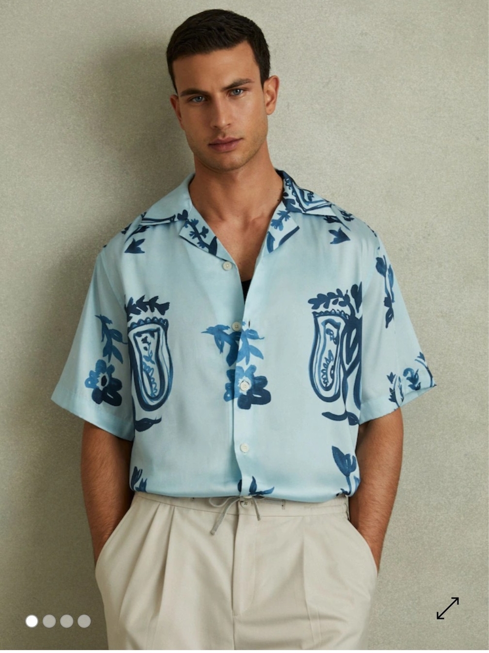 Reiss Relaxed Floral Print Cuban Collar Shirt in Soft Blue/Airforce Blue